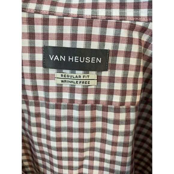 Van Heusen Regular Fit Wrinkle Free Plum Plaid Collared Dress Shirt Size 17 1/2 - Picture 2 of 7